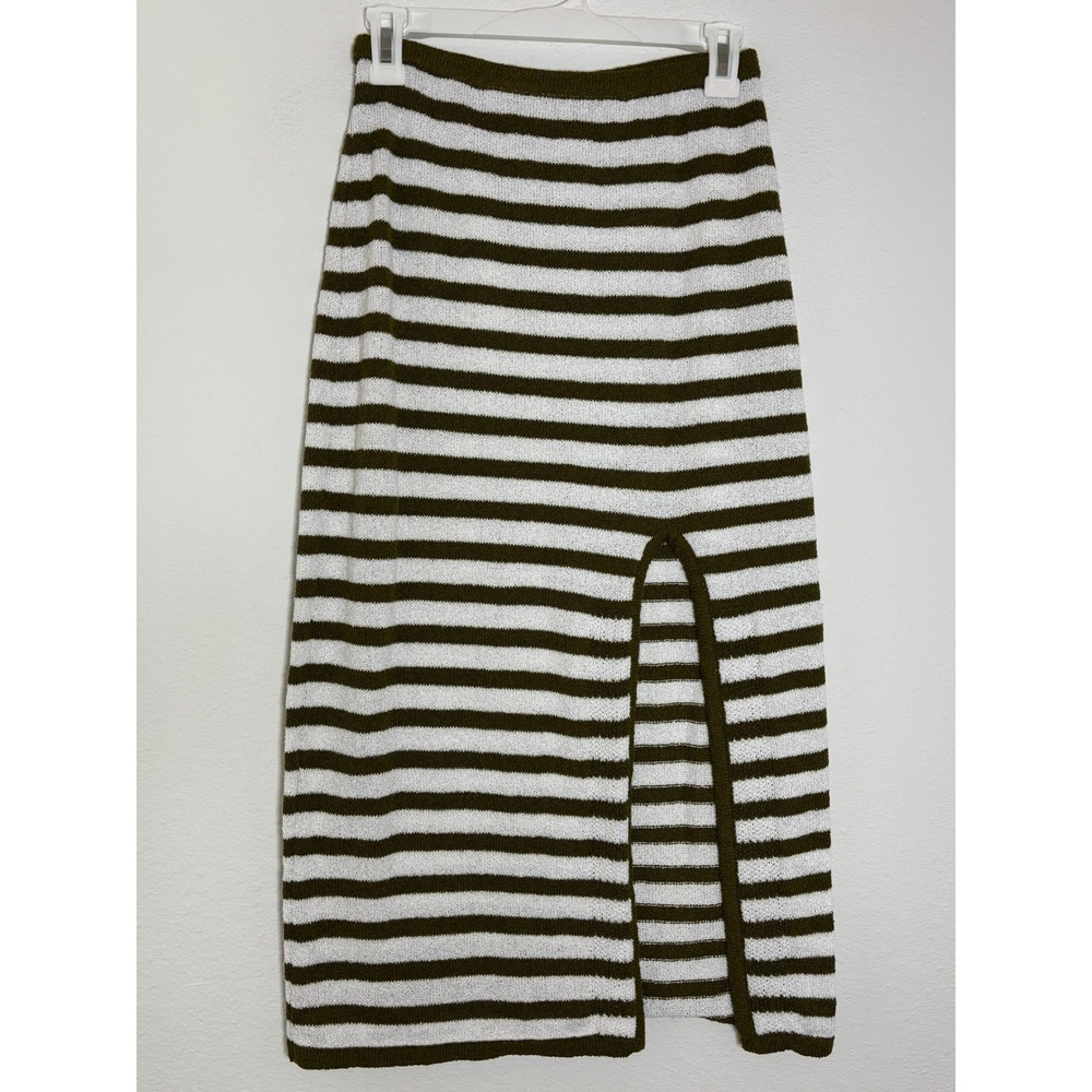 Olive Green White Striped Knit Midi Skirt Front Slit Sweater Skirt Womens